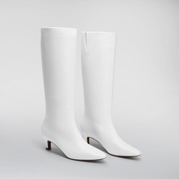 Women White Knee High Boots 2 Inch Kitten Heel Square Toe Wide Calf Long Fall - Picture 7 of 8